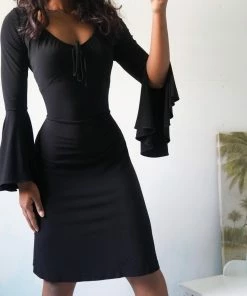 Masha & Jlynn 90’s Inspired Bell Sleeve Black Dress