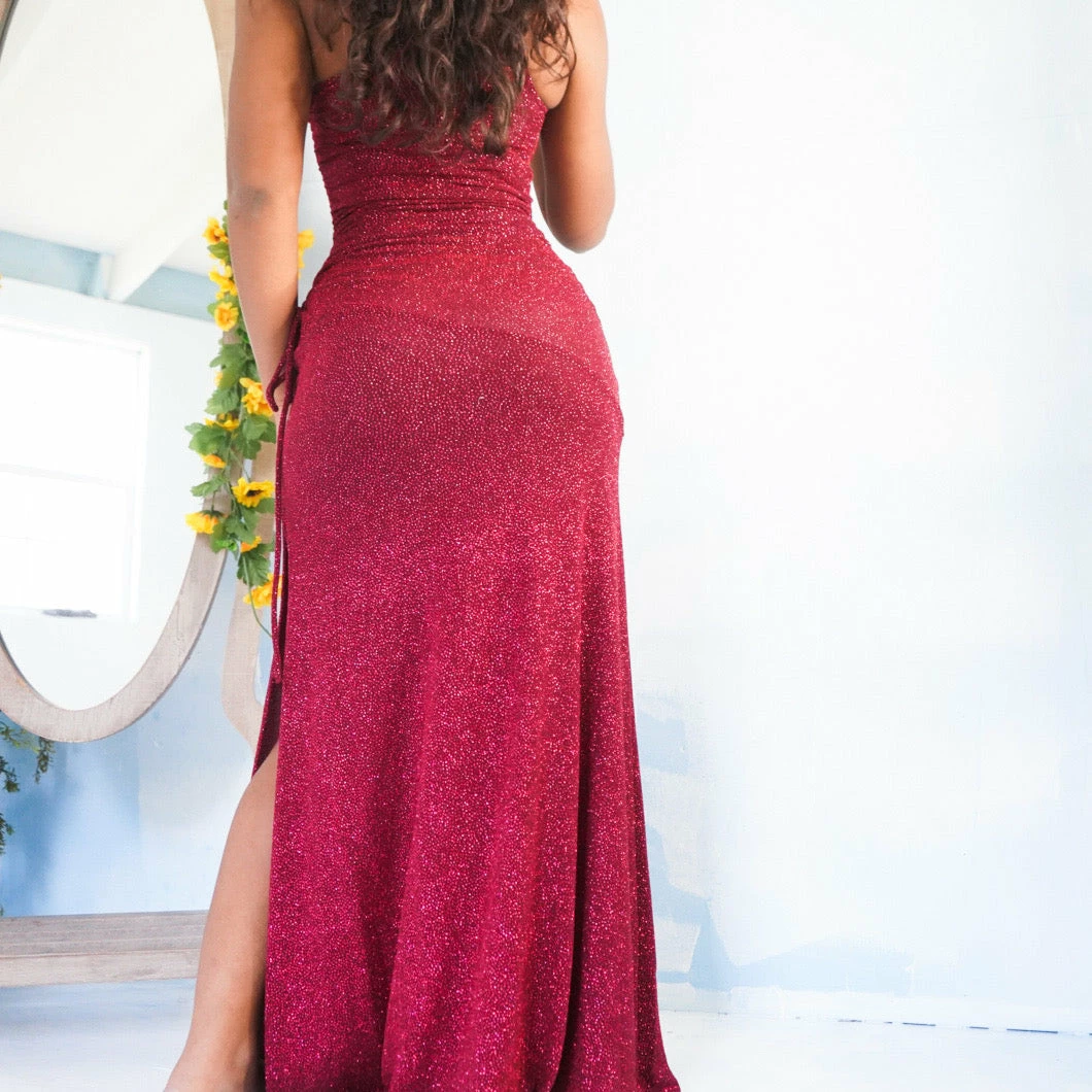 Masha & Jlynn Vintage 90’s Cranberry Glitter Gown (XS/S) 4 Masha & Jlynn Vintage 90’s Cranberry Glitter Gown (XS/S)